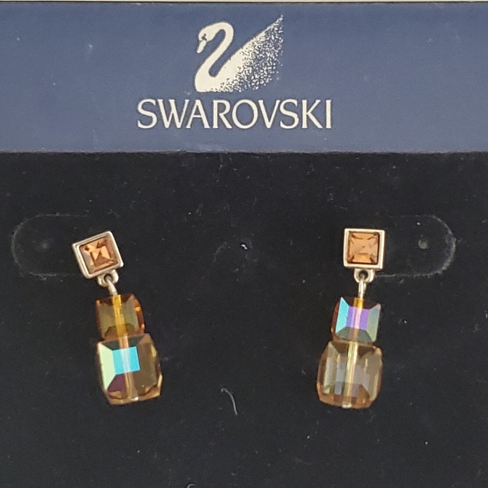 Swarovski Dangle Earrings Amber Brown Crystal Cube Aurora Borealis Rhodium Plate